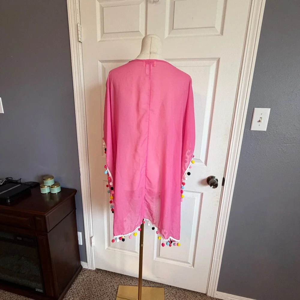 Viv & Lou Pink Chiffon Pom Pom‎ Trim Swim Cover Up Poncho One Size